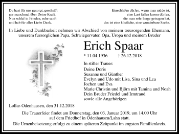 Traueranzeige von Erich Spaar von Giessener Allgemeine, Alsfelder Allgemeine