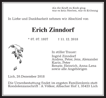 Traueranzeige von Erich Zinndorf von Giessener Allgemeine, Alsfelder Allgemeine