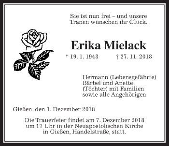 Traueranzeige von Erika Mielack von Giessener Allgemeine, Alsfelder Allgemeine