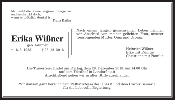 Traueranzeige von Erika Wißner von Giessener Allgemeine, Alsfelder Allgemeine