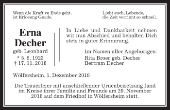 Traueranzeige von Erna Decher von Wetterauer Zeitung, Wetterauer Zeitung