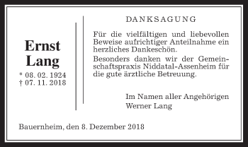 Traueranzeige von Ernst Lang von Wetterauer Zeitung, Wetterauer Zeitung