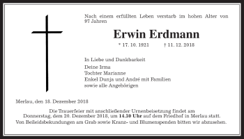 Traueranzeige von Erwin Erdmann von Alsfelder Allgemeine