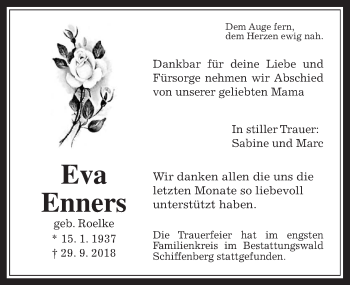 Traueranzeige von Eva Enners von Giessener Allgemeine, Alsfelder Allgemeine