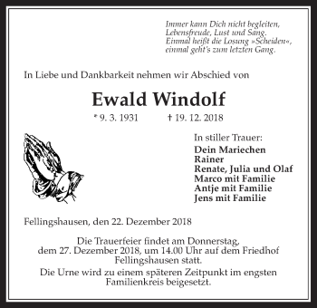 Traueranzeige von Ewald Windolf von Giessener Allgemeine, Alsfelder Allgemeine