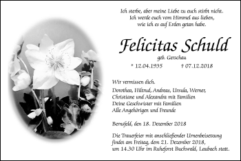 Traueranzeige von Felicitas Schuld von Alsfelder Allgemeine