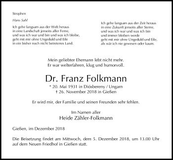 Traueranzeige von Franz Folkmann von Giessener Allgemeine, Alsfelder Allgemeine