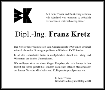 Traueranzeige von Franz Kretz von Wetterauer Zeitung, Wetterauer Zeitung, Giessener Allgemeine, Alsfelder Allgemeine