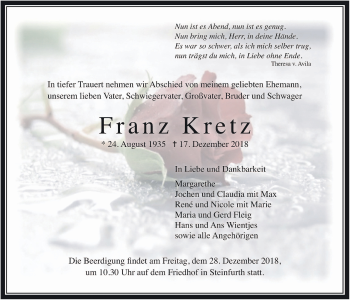 Traueranzeige von Franz Kretz von Wetterauer Zeitung, Wetterauer Zeitung, Giessener Allgemeine, Alsfelder Allgemeine