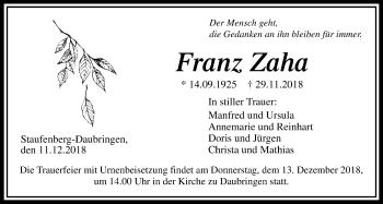 Traueranzeige von Franz Zaha von Giessener Allgemeine, Alsfelder Allgemeine