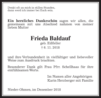Traueranzeige von Frieda Baldauf von Giessener Allgemeine, Alsfelder Allgemeine