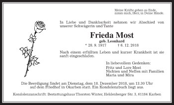 Traueranzeige von Frieda Most von Wetterauer Zeitung