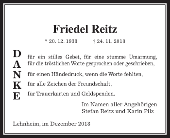 Traueranzeige von Friedel Reitz von Giessener Allgemeine, Alsfelder Allgemeine