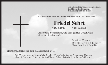 Traueranzeige von Friedel Sehrt von Giessener Allgemeine, Alsfelder Allgemeine