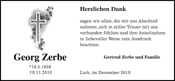 Traueranzeige von Georg Zerbe von Licher Wochenblatt, Licher Wochenblatt, Licher Wochenblatt