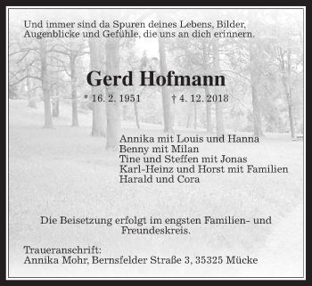 Traueranzeige von Gerd Hofmann von Giessener Allgemeine, Alsfelder Allgemeine