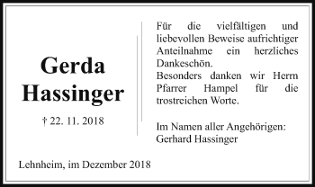 Traueranzeige von Gerda Hassinger von Giessener Allgemeine, Alsfelder Allgemeine