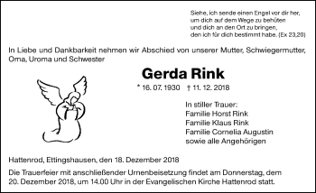 Traueranzeige von Gerda Rink von Giessener Allgemeine, Alsfelder Allgemeine
