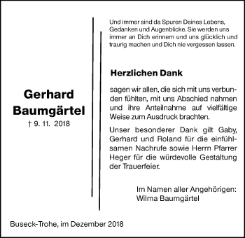 Traueranzeige von Gerhard Baumgärtel von Giessener Allgemeine, Alsfelder Allgemeine
