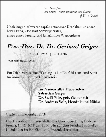 Traueranzeige von Gerhard Geiger von Giessener Allgemeine, Alsfelder Allgemeine