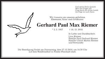 Traueranzeige von Gerhard Paul Max Riemer von Wetterauer Zeitung, Wetterauer Zeitung