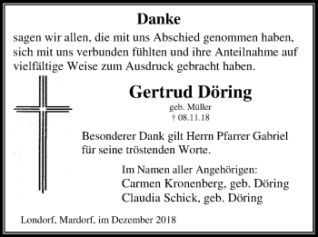 Traueranzeige von Gertrud Döring von Rabenauer Zeitung