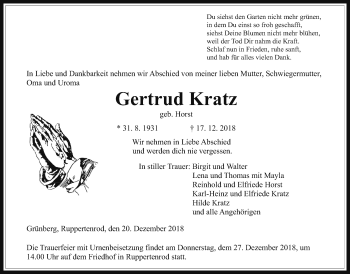 Traueranzeige von Gertrud Kratz von Giessener Allgemeine, Alsfelder Allgemeine, Mücker Stimme