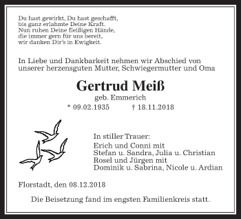 Traueranzeige von Gertrud Meiß von Wetterauer Zeitung, Wetterauer Zeitung