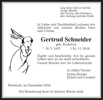 Traueranzeige von Gertrud Schneider von Wetterauer Zeitung, Wetterauer Zeitung