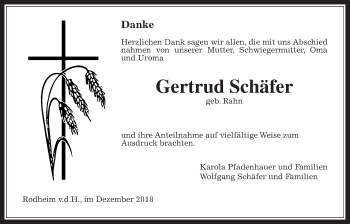Traueranzeige von Gertrud Schäfer von Wetterauer Zeitung, Wetterauer Zeitung