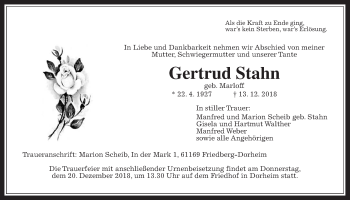 Traueranzeige von Gertrud Stahn von Wetterauer Zeitung, Wetterauer Zeitung