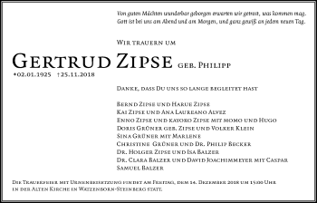 Traueranzeige von Gertrud Zipse von Giessener Allgemeine, Alsfelder Allgemeine