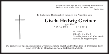 Traueranzeige von Gisela Hedwig Greiner von Wetterauer Zeitung, Wetterauer Zeitung