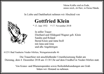Traueranzeige von Gottfried Klein von Wetterauer Zeitung, Wetterauer Zeitung