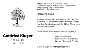 Traueranzeige von Gottfried Kluger von Giessener Allgemeine, Alsfelder Allgemeine