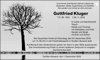 Traueranzeige von Gottfried Kluger von Giessener Allgemeine, Alsfelder Allgemeine