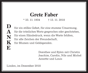 Traueranzeige von Grete Faber von Giessener Allgemeine, Alsfelder Allgemeine
