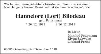 Traueranzeige von Hannelore Bilodeau von Wetterauer Zeitung, Wetterauer Zeitung