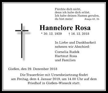 Traueranzeige von Hannelore Rosa von Giessener Allgemeine, Alsfelder Allgemeine