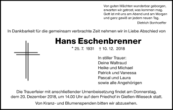 Traueranzeige von Hans Eschenbrenner von Giessener Allgemeine, Alsfelder Allgemeine