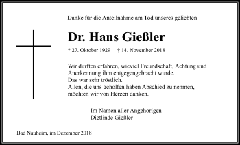 Traueranzeige von Hans Gießler von Wetterauer Zeitung, Wetterauer Zeitung