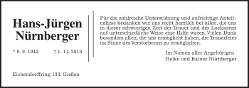 Traueranzeige von Hans-Jürgen Nürnberger von Giessener Allgemeine, Alsfelder Allgemeine