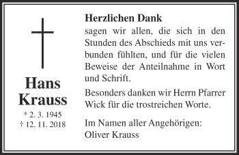 Traueranzeige von Hans Krauss von Giessener Allgemeine, Alsfelder Allgemeine