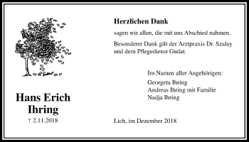 Traueranzeige von Hans Erich Ihring von Licher Wochenblatt, Licher Wochenblatt, Licher Wochenblatt