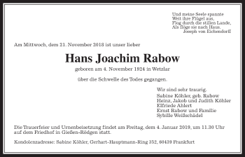 Traueranzeige von Hans Joachim Rabow von Giessener Allgemeine, Alsfelder Allgemeine