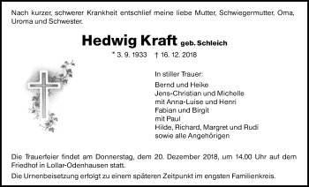 Traueranzeige von Hedwig Kraft von Giessener Allgemeine, Alsfelder Allgemeine