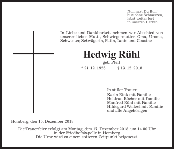 Traueranzeige von Hedwig Rühl von Alsfelder Allgemeine