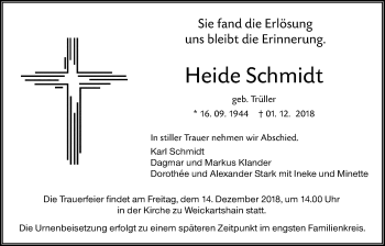 Traueranzeige von Heide Schmidt von Giessener Allgemeine, Alsfelder Allgemeine