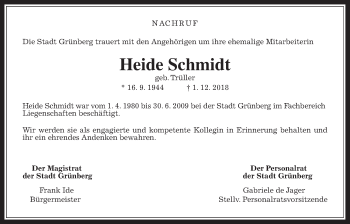 Traueranzeige von Heide Schmidt von Giessener Allgemeine, Alsfelder Allgemeine