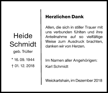 Traueranzeige von Heide Schmidt von Giessener Allgemeine, Alsfelder Allgemeine